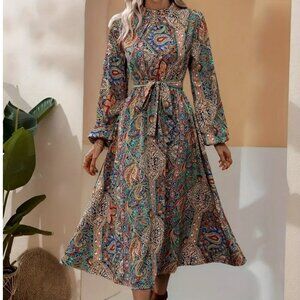 NWT Paisley Autumn Fall Dress Peasant Sleeve 12 L/XL Green Blue Red Yellow